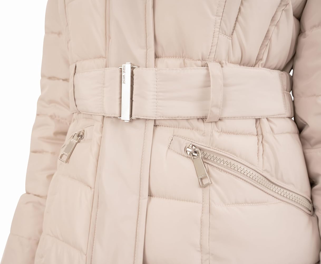 NINE WEST Belted Faux Fur Collar Puffer Coat at Amazon Women's